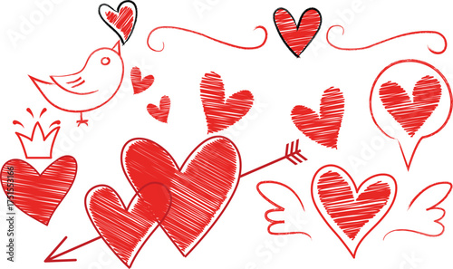 Playful hand-drawn Valentine illustration with hearts, arrows, wings, crown, bird, and festive red scribble doodle style