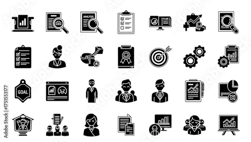 Set of Black and White Business and Finance Icons for Presentation and Analysis