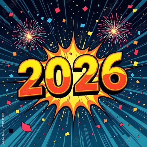 Wallpaper Mural Vibrant 2026 Comic-Style Art with Yellow and Red Numbers and Radial Speed Lines Torontodigital.ca