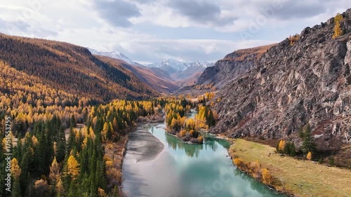 Explore the breathtaking autumn landscape of the Altai region, featuring rolling mountains, a peaceful valley, and shimmering rivers, all enhanced by stunning hues of gold and green.