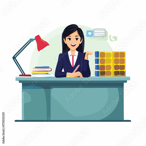 A friendly female office worker or administrative assistant sitting at her desk, providing professional customer service support in a business environment