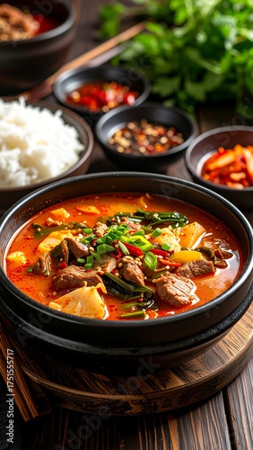 Spicy Korean beef stew in a black pot with rice