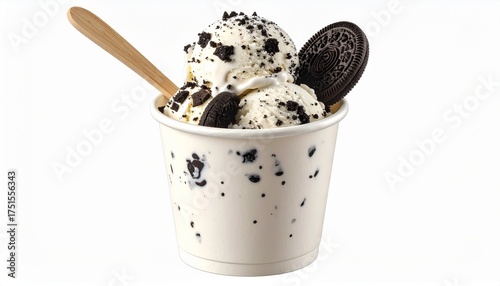 Refreshing creamy frozen dessert generously topped with delicious crumbled chocolate sandwich cookie pieces, served in a white cup with a wooden spoon, a delightful sweet treat