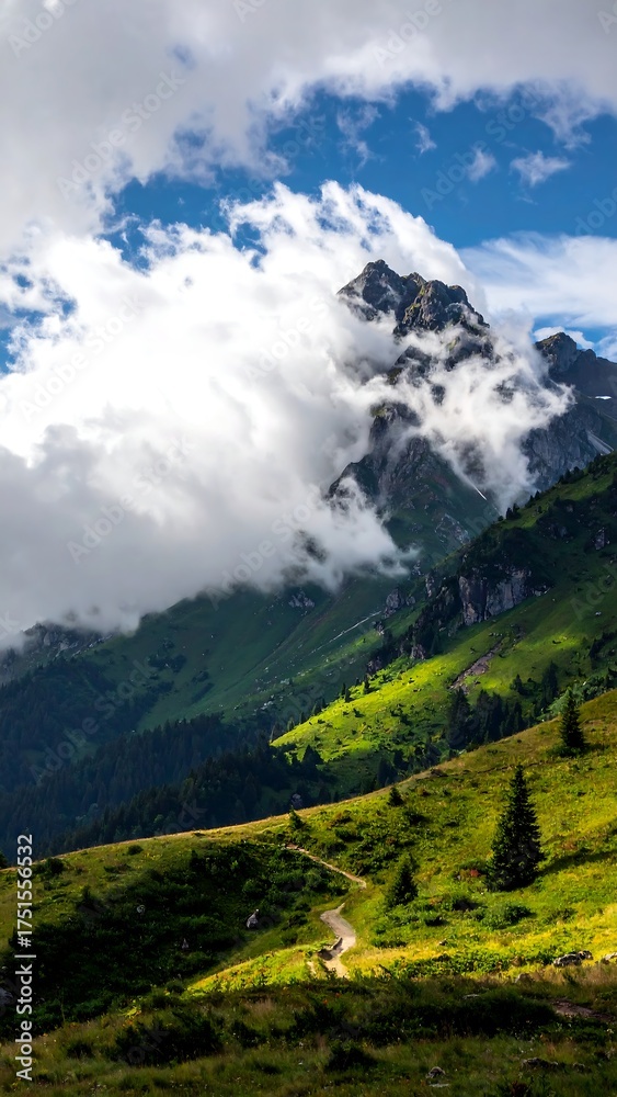 Obraz premium Scenic landscape featuring mountain, path, meadows, and puffy clouds