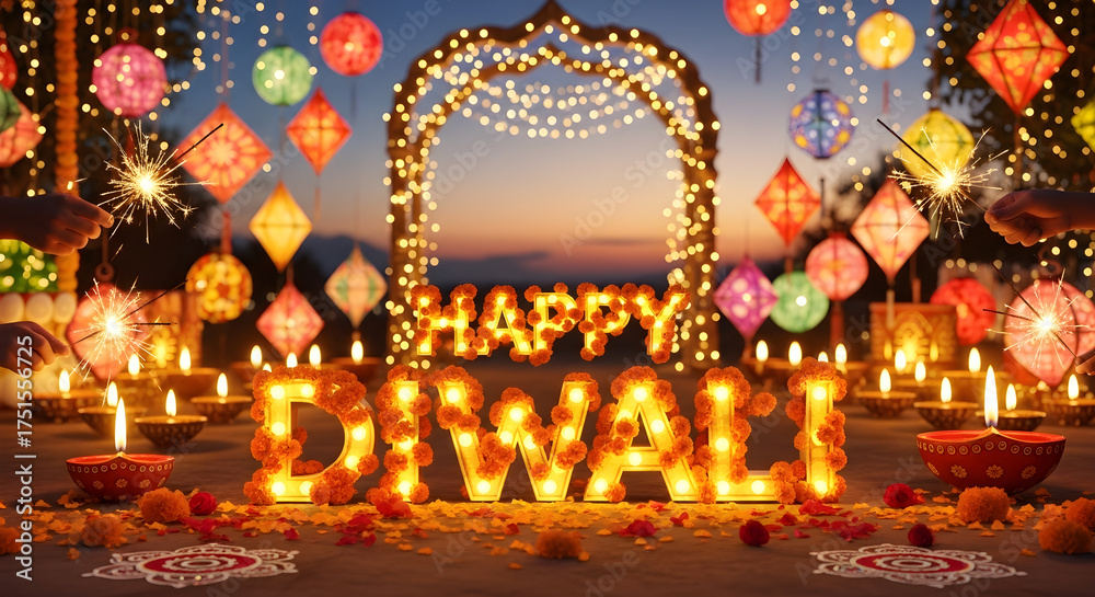 Obraz premium Vibrant celebration of the Diwali festival of lights with glowing diyas decorative lanterns, and floral arrangements under a twilight sky