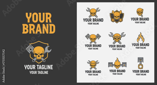 Set of mechanical skull and wrench logo designs for automotive brands.