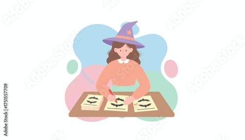 Cheerful woman in witch hat drawing bats for Halloween crafts Creative autumn fun