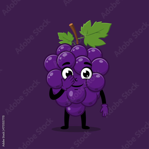 Whimsical purple grape cartoon character covering its mouth, an adorable illustration depicting shyness or surprise on a vibrant background