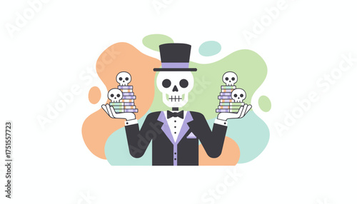Dapper skeleton balances money stacks topped with skulls depicting wealth and mortality
