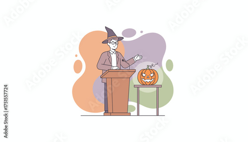 Speaker in witch hat at podium with jackolantern for Halloween event presentation