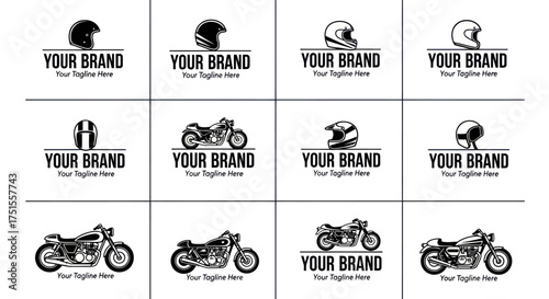 Collection of Motorcycle Helmets and Vintage Motorcycles Logos.