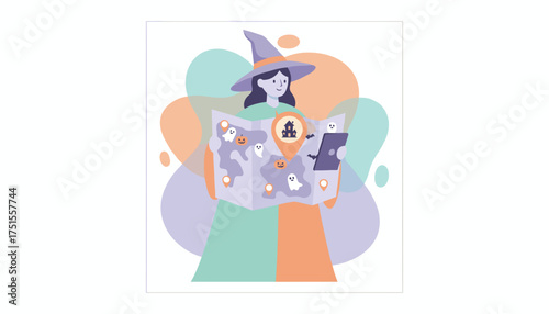 Witch plans Halloween spooky locations on map with tablet Event planning holiday fun travel guide