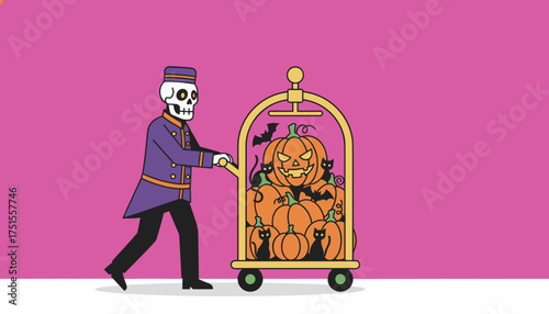 Skeleton bellhop delivers Halloween pumpkins black cats and bats on a luggage cart Spooky service