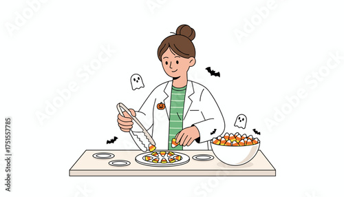 Woman in lab coat preparing Halloween candy corn Festive holiday treat with spooky elements