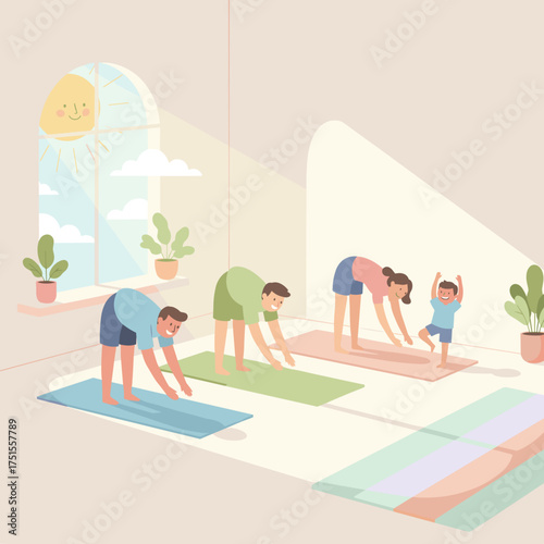 Happy family exercising yoga together in a sunny room promoting health wellness and bonding