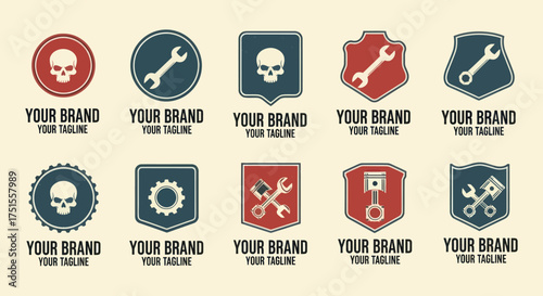 Vintage mechanic logo designs with skull and tools for brand identity.