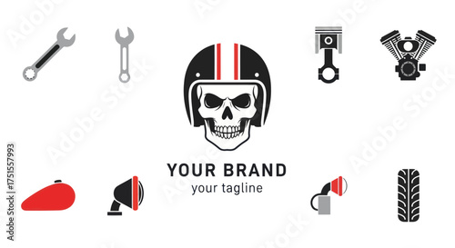 Motorcycle Skull Helmet and Parts Vector Illustration Set.
