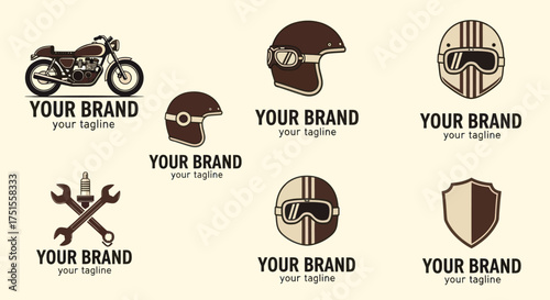 Collection of vintage motorcycle and helmet logos with tools and shield emblems.