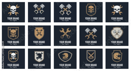 Collection of Skull and Crossbones Emblem Logos for Automotive and Biker Brands.