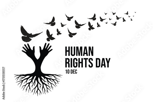 Vector illustration for Human Rights Day with hands shaped as a tree and flying birds symbolizing freedom and peace. Concept design for equality, justice, and humanity awareness.