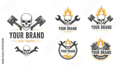 Set of vintage mechanic logos featuring skulls pistons and wrenches.