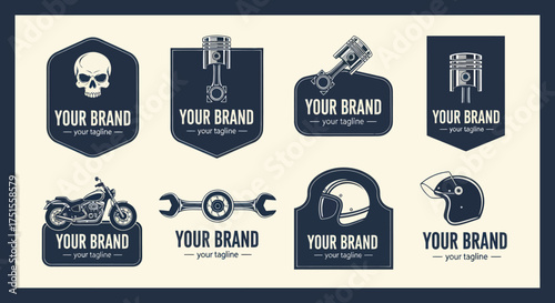 Motorcycle Club Emblem Set with Skull Piston Helmet and Tools.