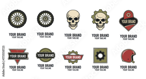 Motorcycle Logos Collection - Wheels, Skulls, Gears, and Helmets.