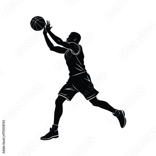 Basketball Player Silhouette Catching Ball on White Background