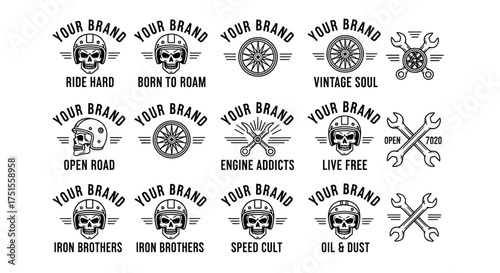 Motorcycle Club Emblem Set Skull Helmet Wrench and Wheel Graphics.