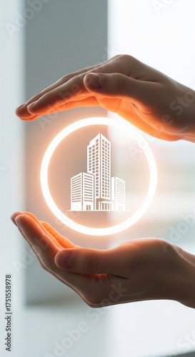 Wallpaper Mural Hands glowing circle modern building protection real estate safety futuristic urban architecture innovation security. image shows hands gently surrounding glowing circle with modern building icon Torontodigital.ca