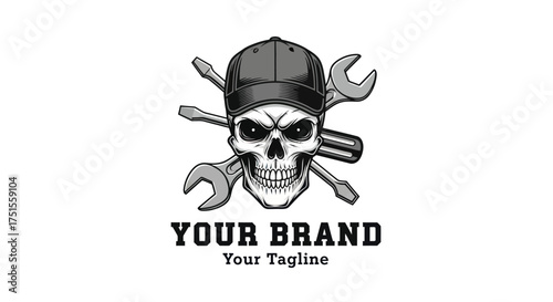 Skull mechanic logo with crossed tools and a cap for a brand.