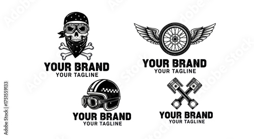 Motorcycle Logos Collection - Skull, Wheel with Wings, Helmet, and Pistons.