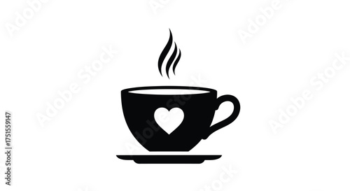 Black coffee cup with heart and steam on saucer vector