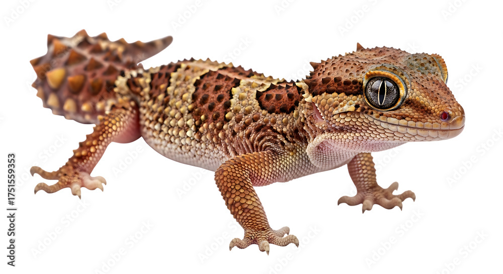 Naklejka premium Close up of a gecko with brown and tan scales walking on a black background in a studio setting