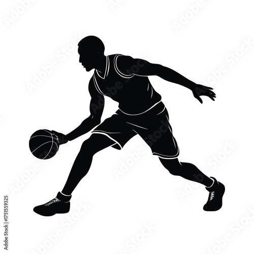 Black silhouette of basketball player dribbling a ball