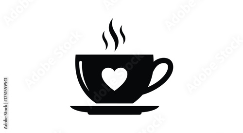 Black coffee cup with heart steam on saucer white