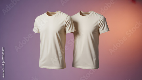 Two blank light beige t-shirts float forward, ready for your custom design or branding.