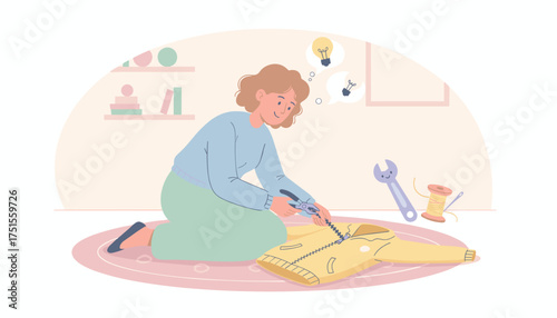 Woman repairing zipper on yellow jacket with pliers embracing DIY and creative solutions