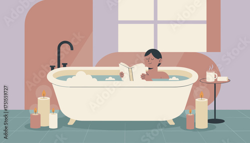 Relaxing bath with a book and candles promoting wellness and selfcare at home