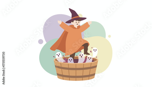 Cheerful wizard stomps grapes with cute ghosts in a barrel for a festive Halloween