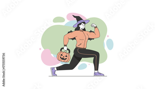 Strong witch exercising with pumpkin kettlebell for Halloween fitness and healthy lifestyle