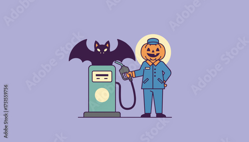 Halloween gas station attendant with pumpkin head and bat Spooky autumn service concept