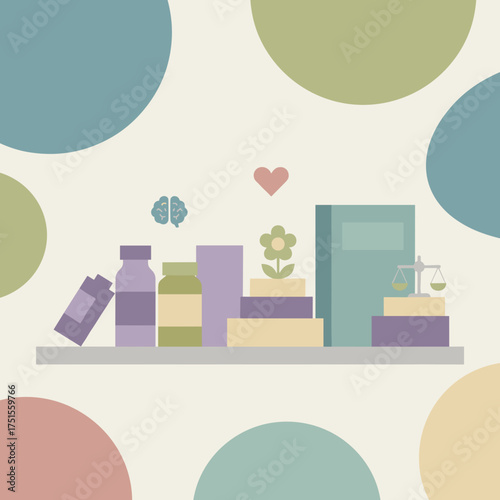 Concept of holistic wellbeing with health knowledge and justice elements on a shelf