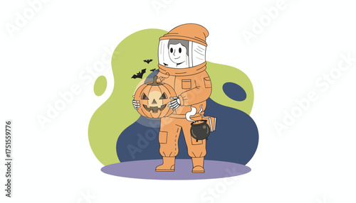 Smiling character in protective suit holds glowing jackolantern with bats  cauldron Halloween fun