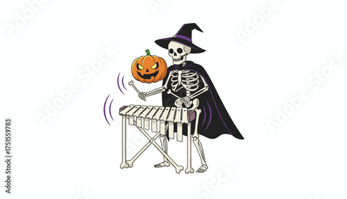 Spooky skeleton witch plays xylophone with Halloween pumpkin for festive holiday design