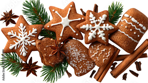 Flat lay of Christmas gingerbread cookies shaped like stars, bells, and snowflakes arranged with cinnamon sticks and pine sprigs, isolated on white background