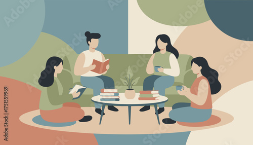 Group of friends reading and socializing in a cozy modern book club setting
