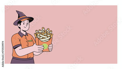 Happy server in witch hat offers festive mummy fries perfect for Halloween food promotions