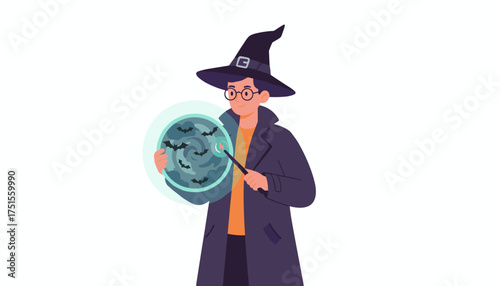 Wizard casting a spell with a glowing orb of bats perfect for Halloween fantasy
