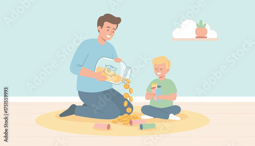 Father teaching son about saving money with coins and a piggy bank Financial education at home